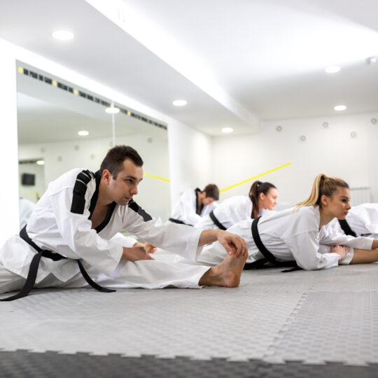 Tae Kwon Do students stretching together